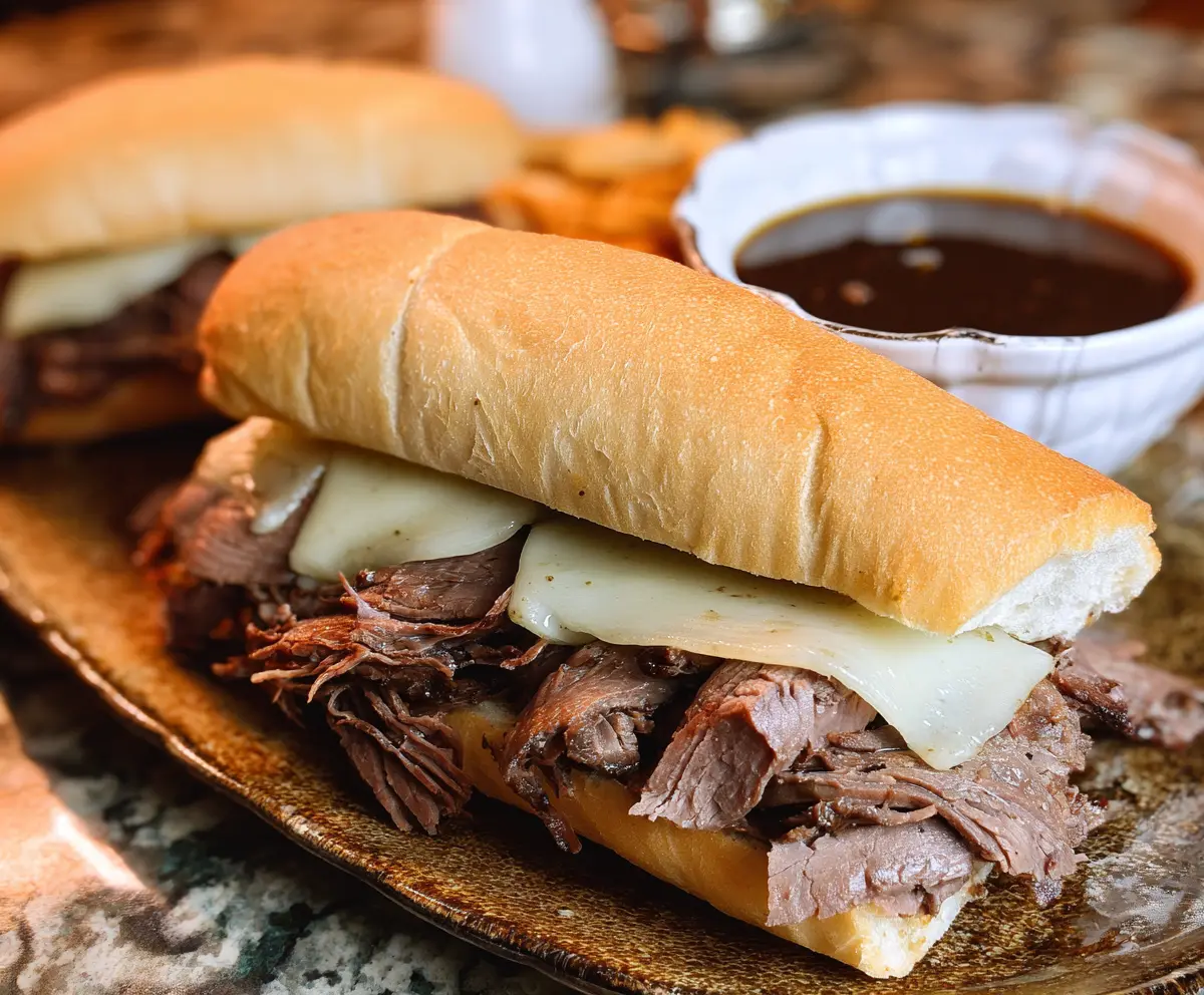 Delicious Crock Pot French Dip Sandwiches with tender beef and melted cheese served in a crusty bun.