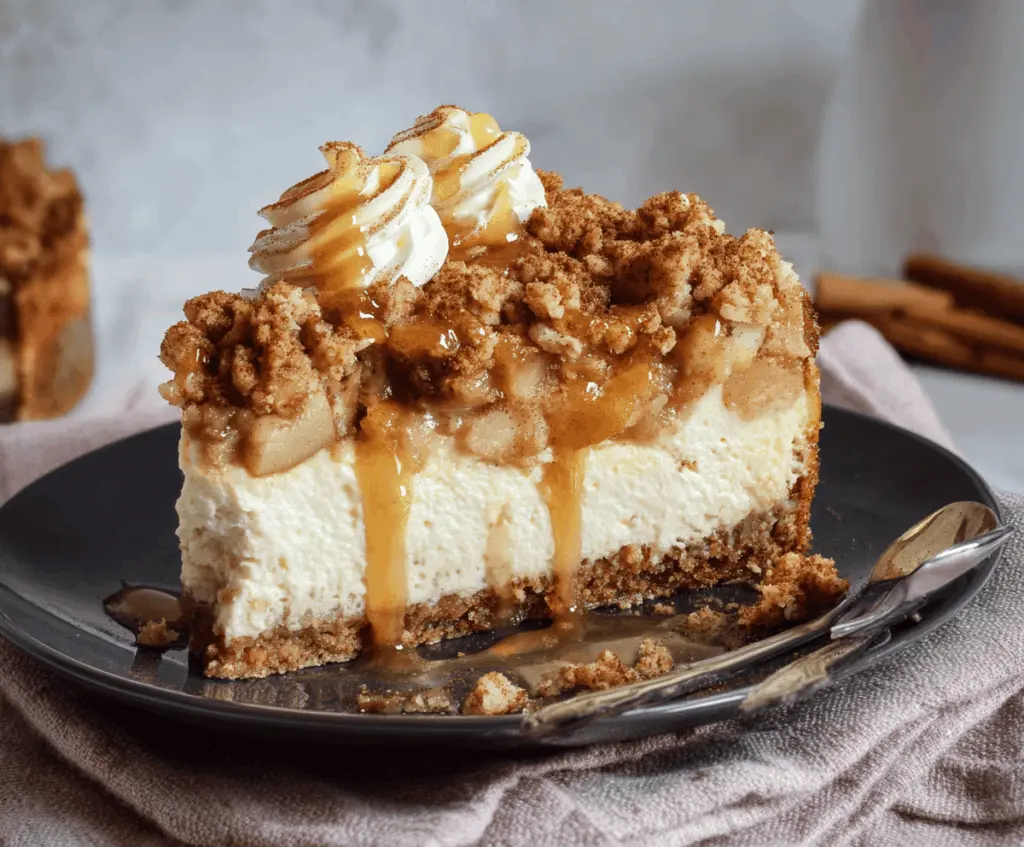 A slice of delicious apple crumble cheesecake with a golden crust and apple topping on a plate.