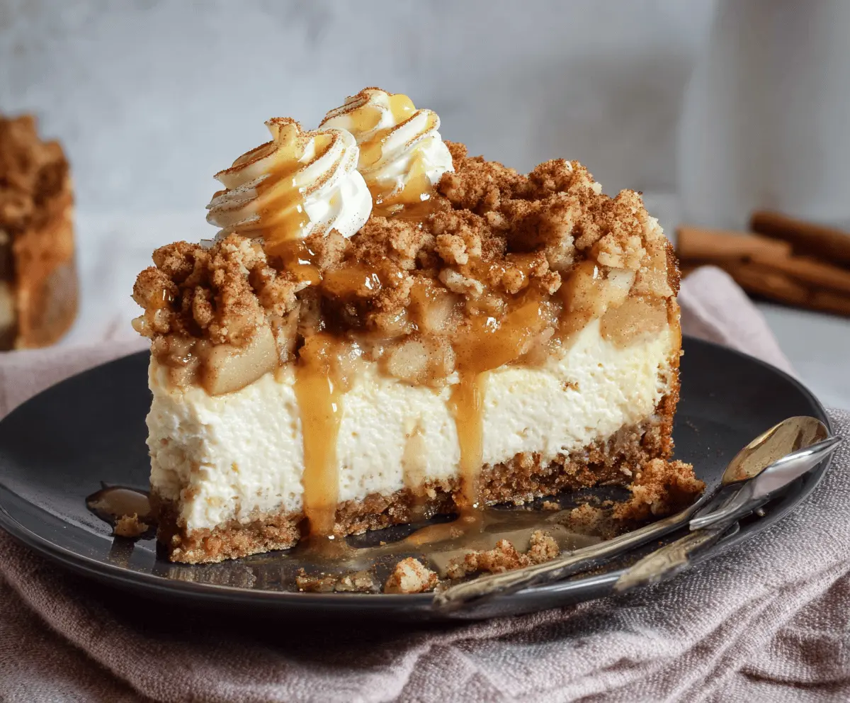A slice of delicious apple crumble cheesecake with a golden crust and apple topping on a plate.