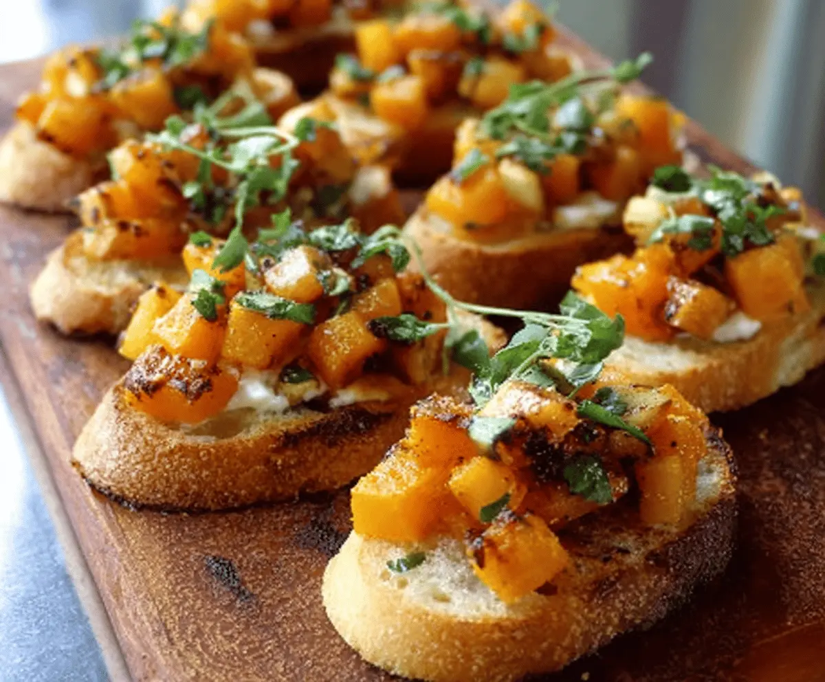Savory fall-inspired bruschetta topped with roasted butternut squash and fresh apples on crusty bread.