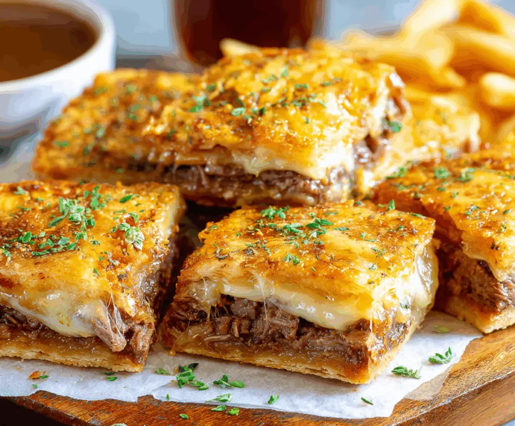 Savory French Dip Squares with melted cheese and tender roast beef on a golden crust.