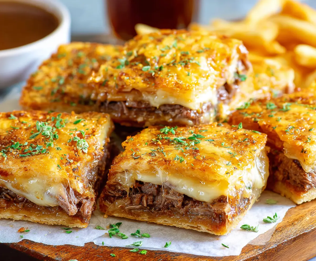 Savory French Dip Squares with melted cheese and tender roast beef on a golden crust.