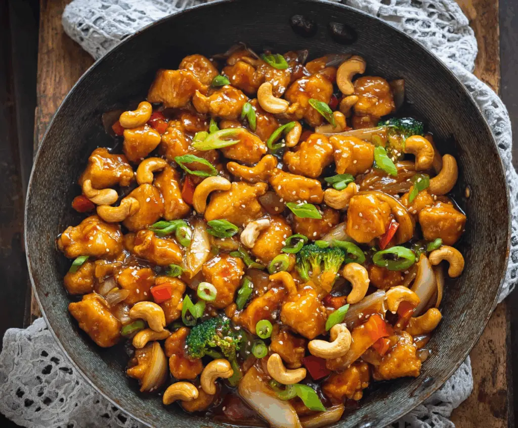 Delicious homemade Cashew Chicken with crispy vegetables and creamy sauce in an Asian-inspired dish.