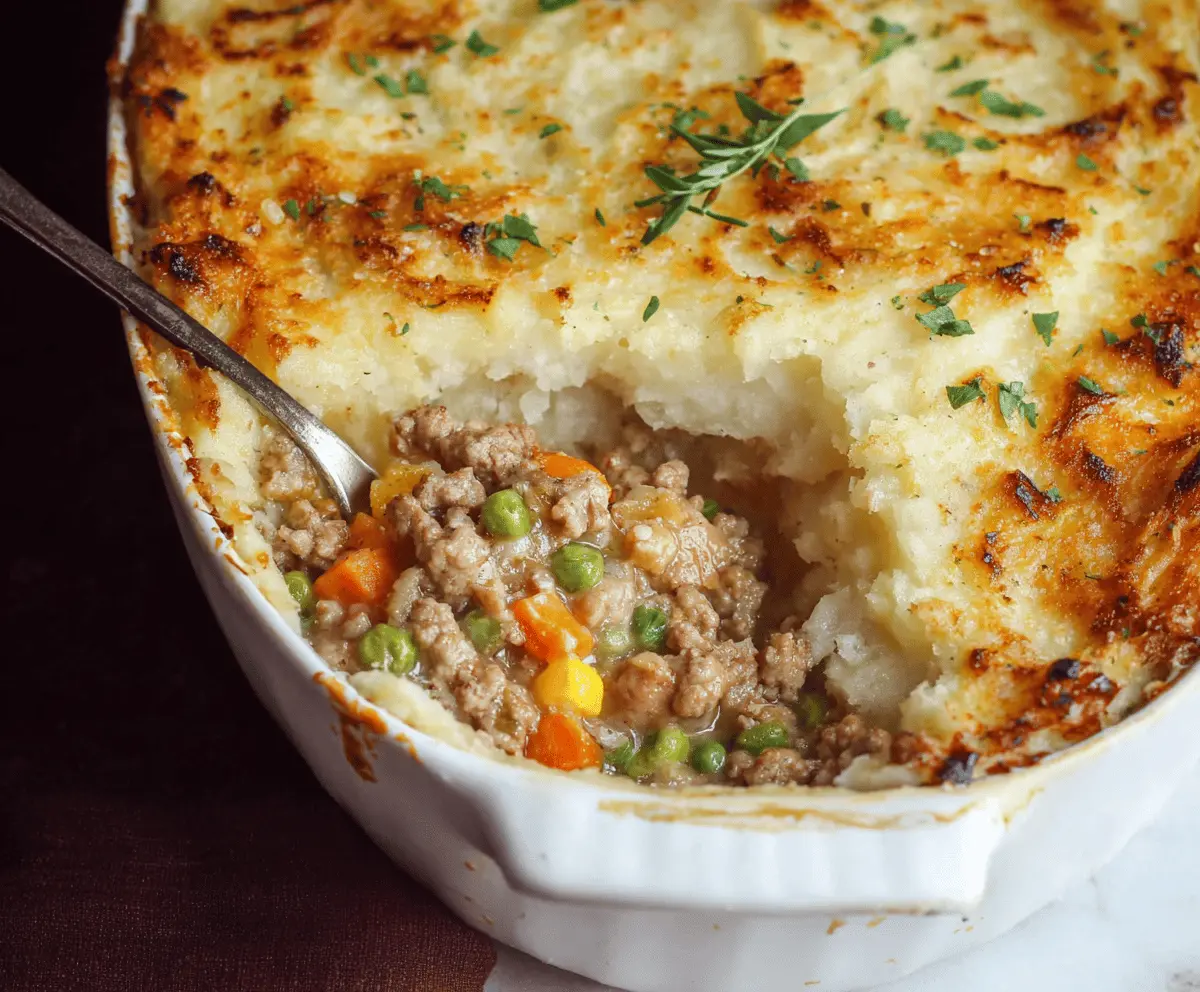 Delicious and easy ground turkey shepherd's pie with mashed potatoes and vegetables.