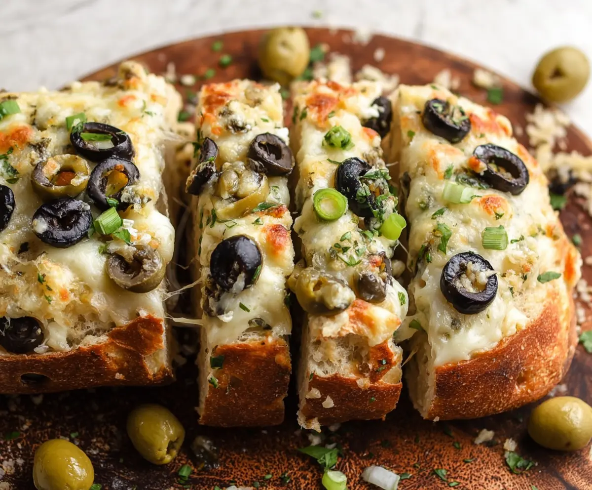 Delicious homemade olive cheese bread appetizer with melted cheese and fresh olives on a crispy crust.