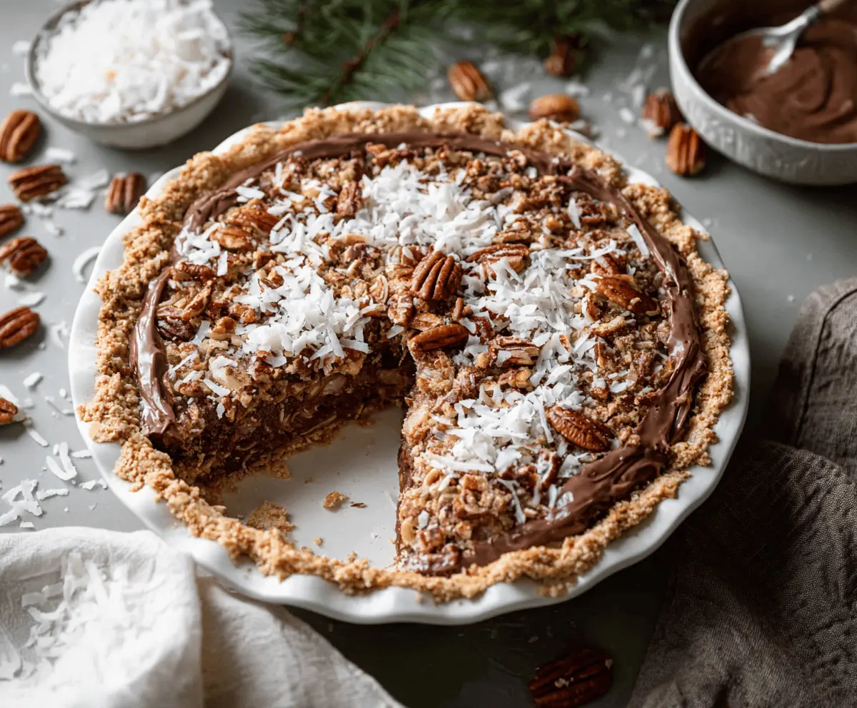 Delicious no-bake German Chocolate Pie garnished with whipped cream and shaved chocolate for a festive Christmas treat.