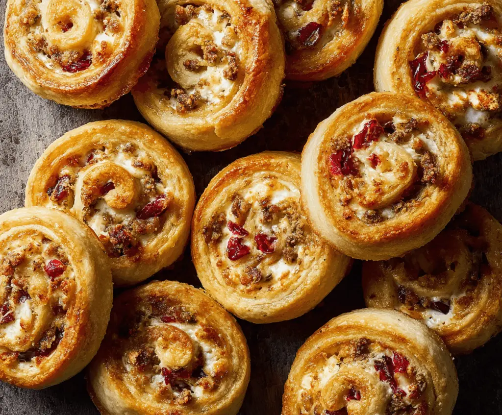 Delicious flaky cranberry cream cheese pinwheels served on a white platter, perfect for parties and festivities