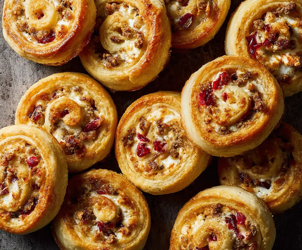 Delicious flaky cranberry cream cheese pinwheels served on a white platter, perfect for parties and festivities