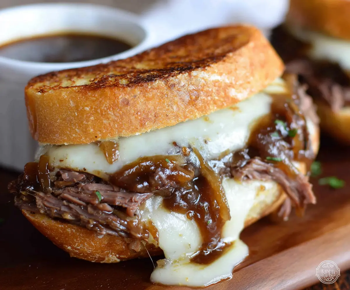 Delicious French Dip Sandwich Melt with tender roast beef and melted cheese on a crusty baguette.