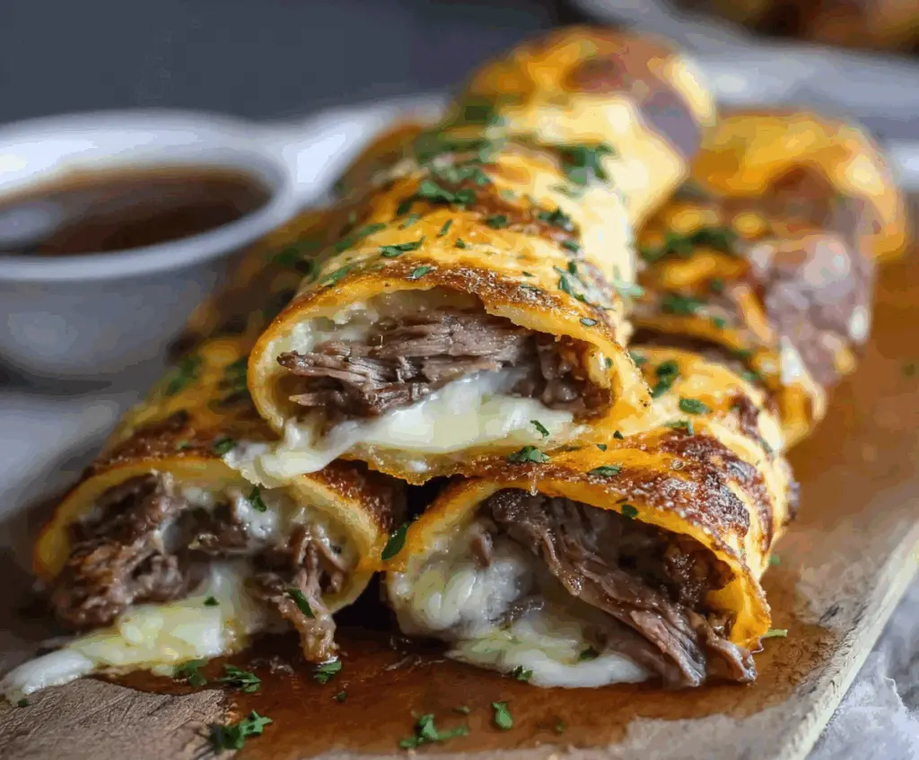 Delicious French Dip Tortilla Roll Ups with melted cheese and savory roast beef wrapped in a crispy tortilla.