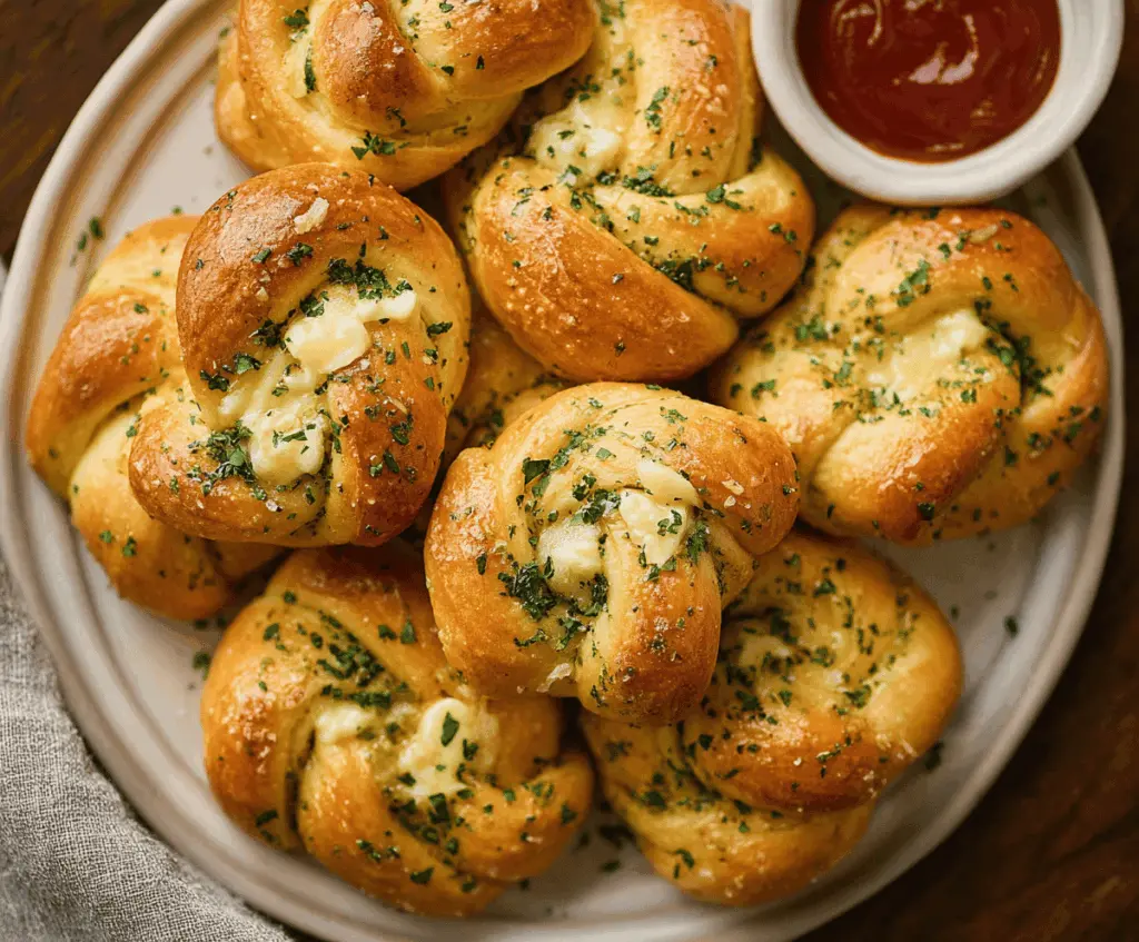 Golden garlic knots topped with chopped parsley on a rustic wooden table.