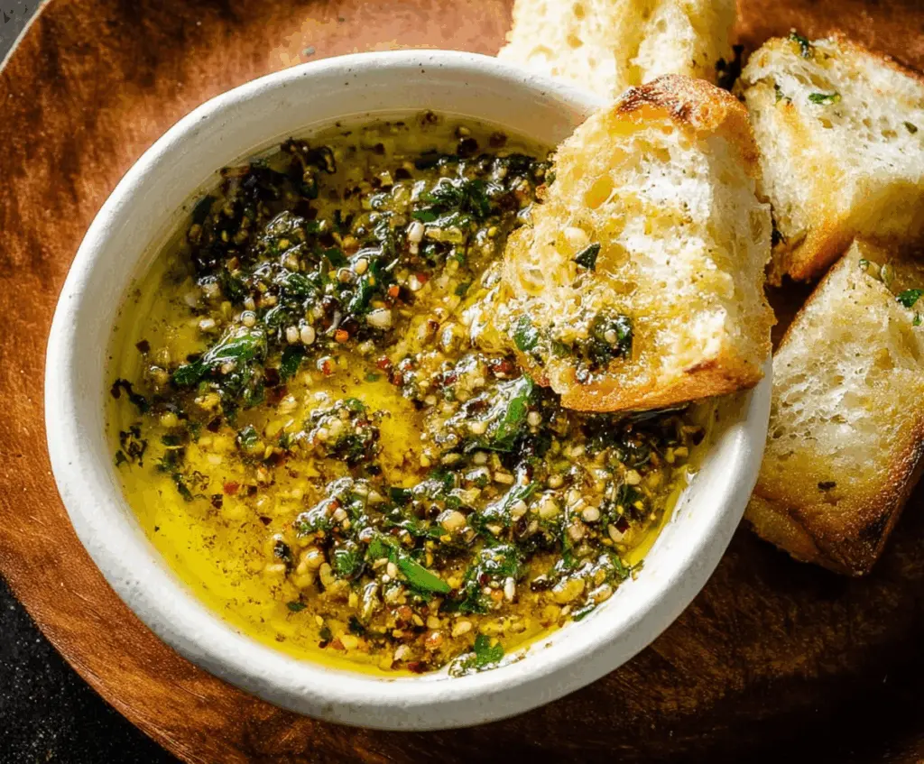 Delicious homemade garlic olive oil dip served in a rustic bowl, perfect for dipping bread.
