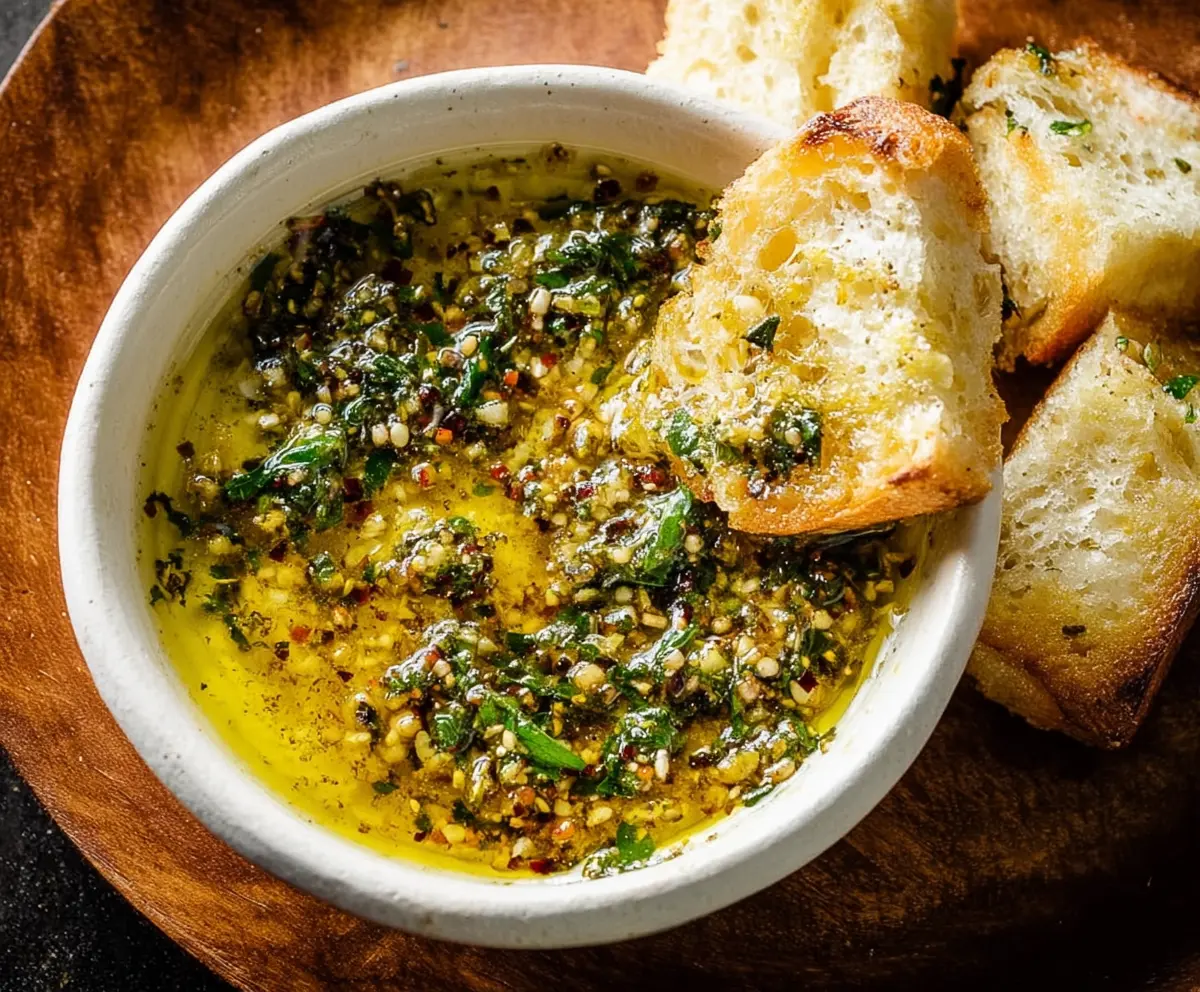 Delicious homemade garlic olive oil dip served in a rustic bowl, perfect for dipping bread.