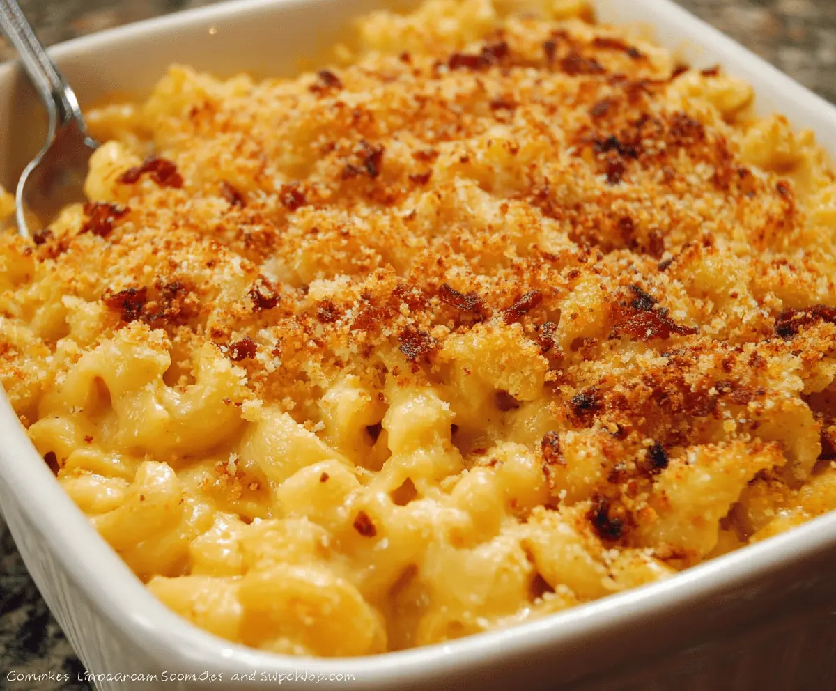 Delicious gourmet baked mac and cheese topped with a crunchy crust and melted cheese
