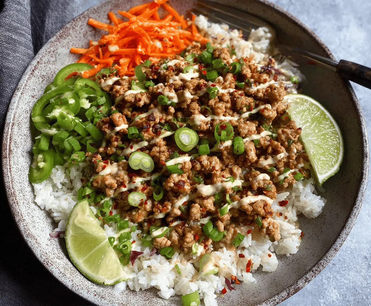 Delicious ground turkey rice bowl topped with bang bang sauce, garnished with fresh herbs.