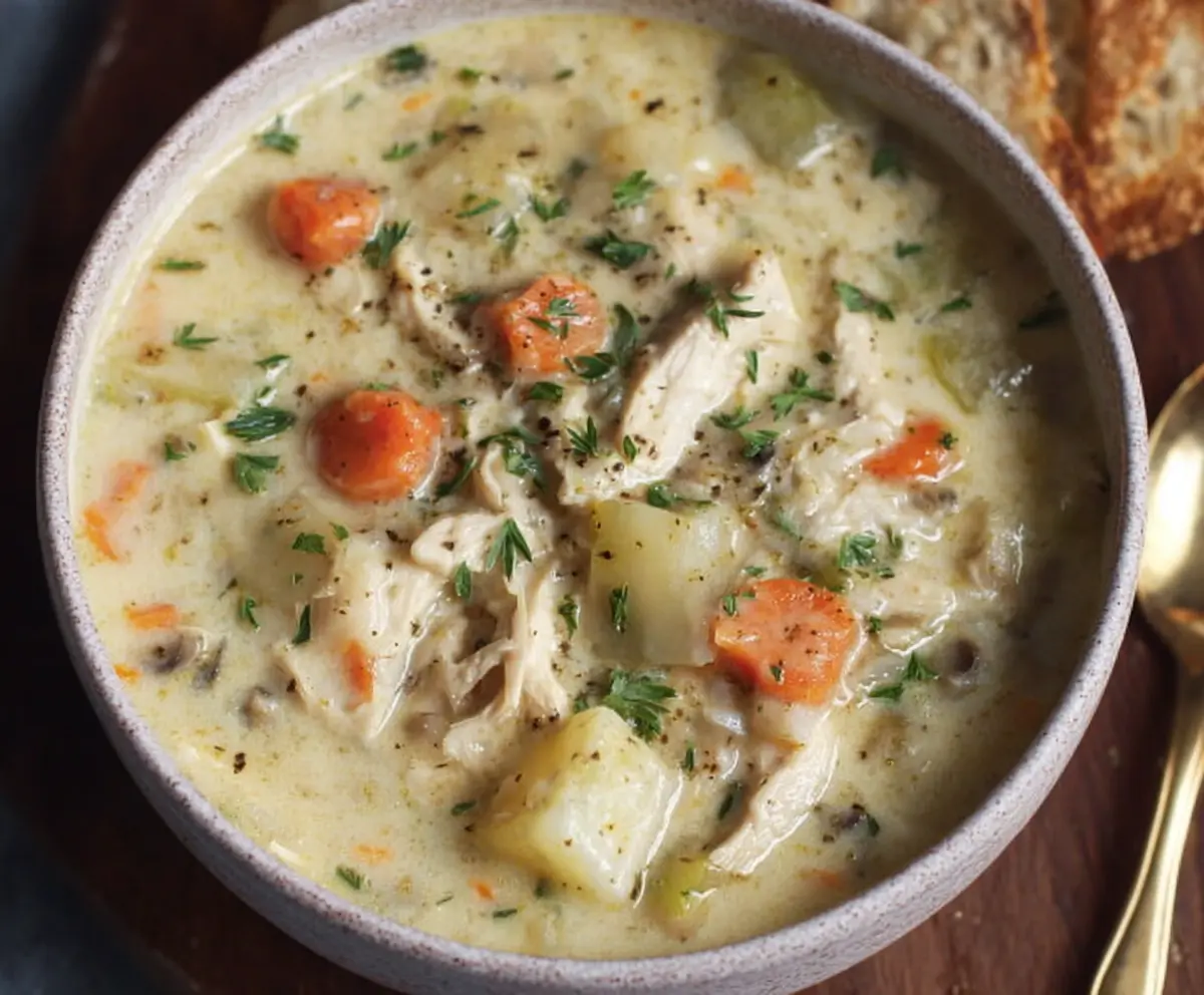 Creamy healthy chicken pot pie soup in a white bowl garnished with herbs.