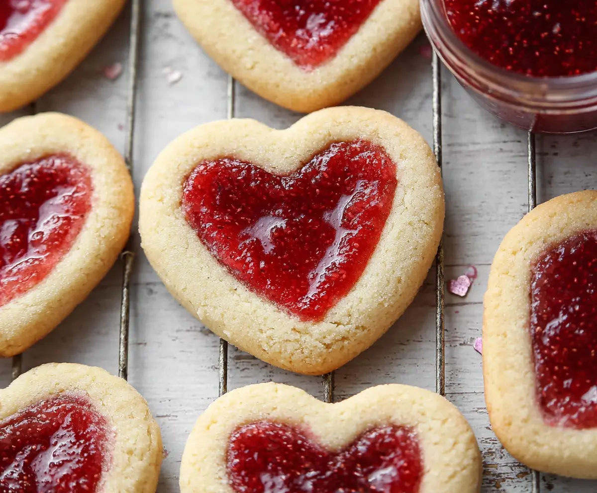 Delicious Heart Jam Valentine Cookies decorated with red icing and festive sprinkles for Valentine's Day.