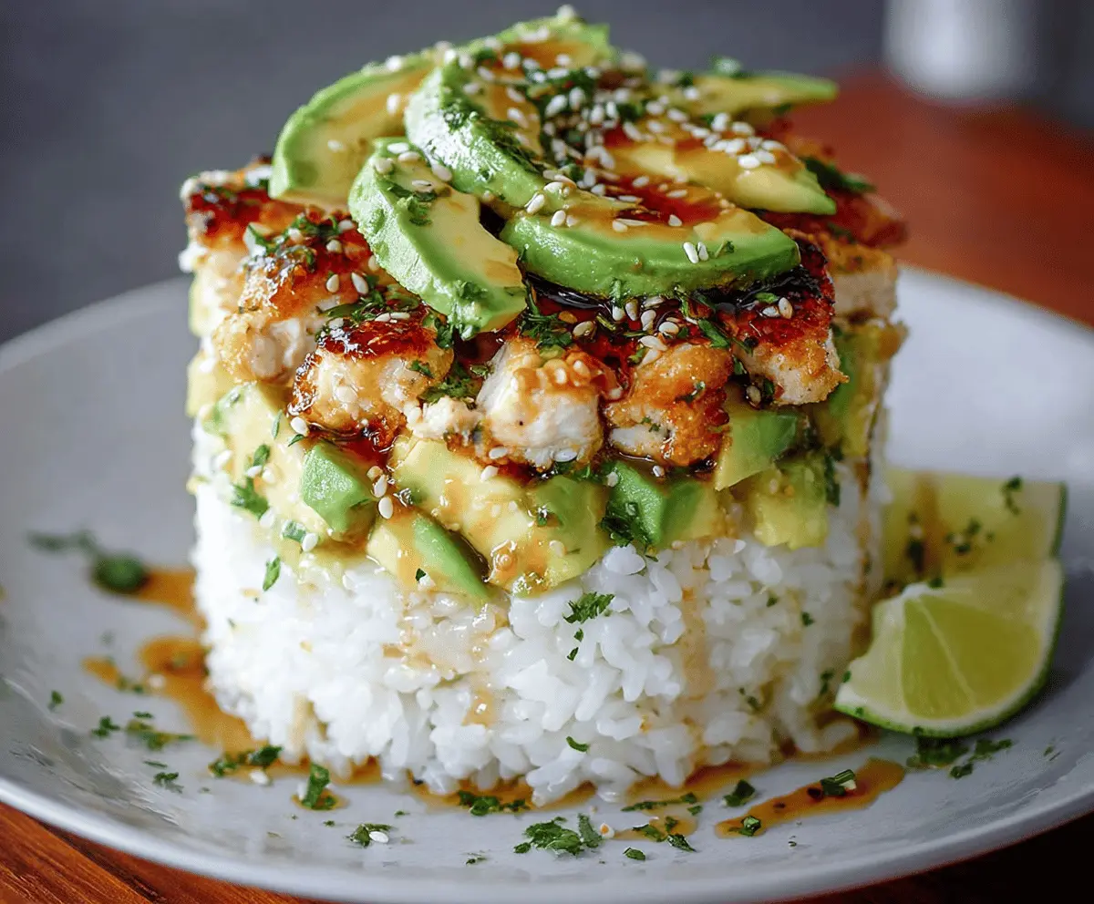 Delicious Honey Lime Chicken and Avocado Rice Stack served on a plate, showcasing fresh ingredients and vibrant flavors.