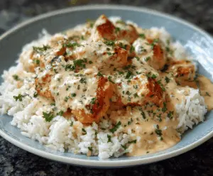 Delicious creamy smothered chicken served over steaming rice, perfect for a hearty meal.