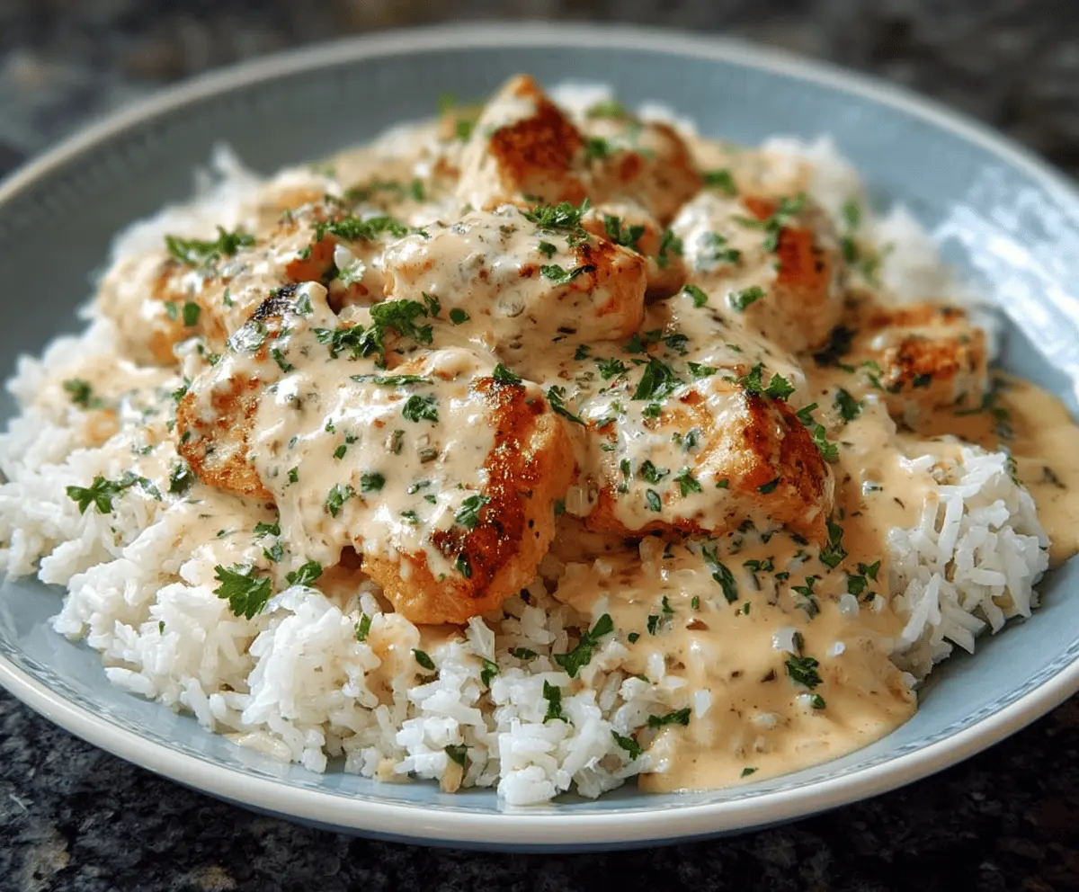 Delicious creamy smothered chicken served over steaming rice, perfect for a hearty meal.