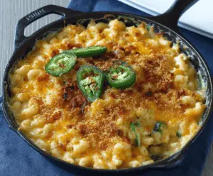 Creamy Jalapeño Popper Macaroni and Cheese with melted cheese and spicy jalapeños in a bowl.