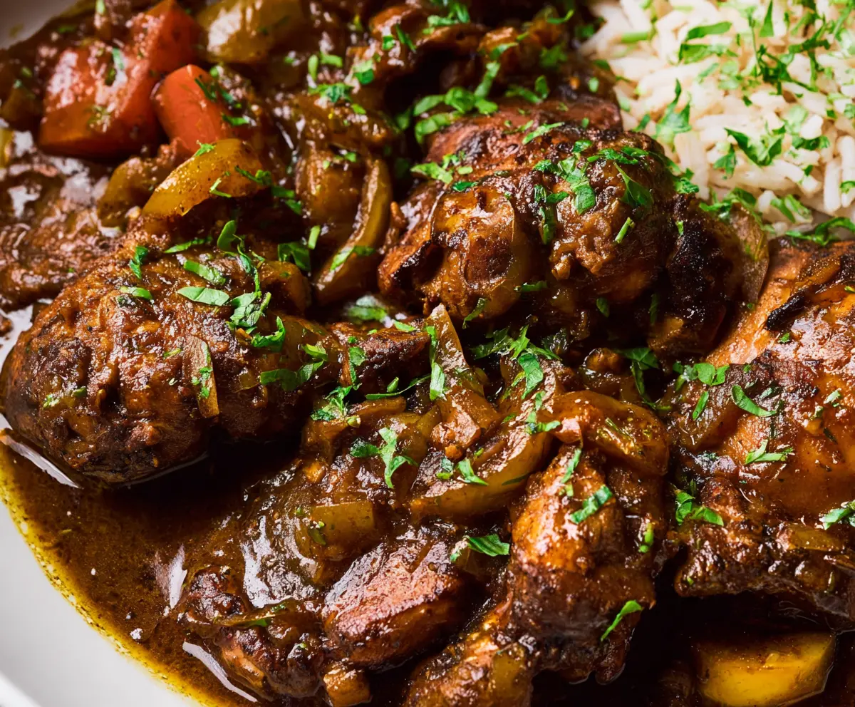 Delicious Jamaican Brown Stew Chicken served with rice and vegetables, showcasing rich spices and tender meat.