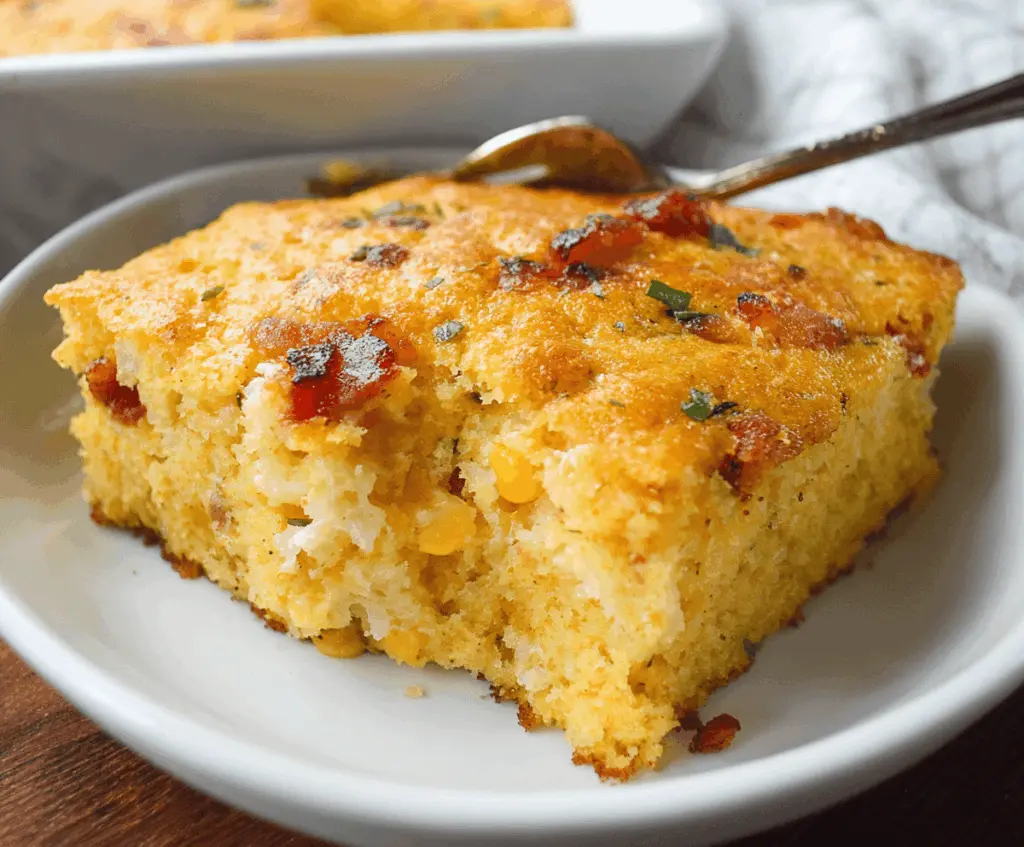 Delicious loaded cornbread casserole topped with melted cheese and fresh herbs, ready to serve.
