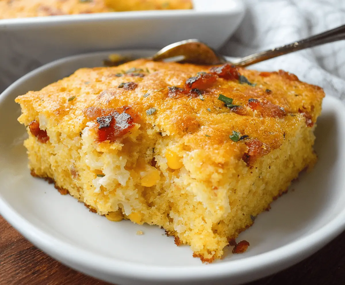 Delicious loaded cornbread casserole topped with melted cheese and fresh herbs, ready to serve.