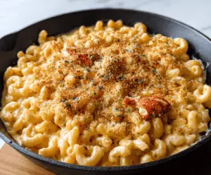 Creamy lobster mac and cheese with melted cheese and succulent lobster pieces served in a bowl.