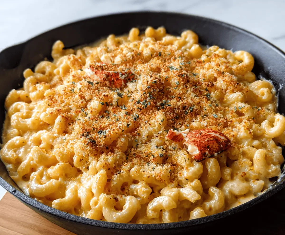 Creamy lobster mac and cheese with melted cheese and succulent lobster pieces served in a bowl.