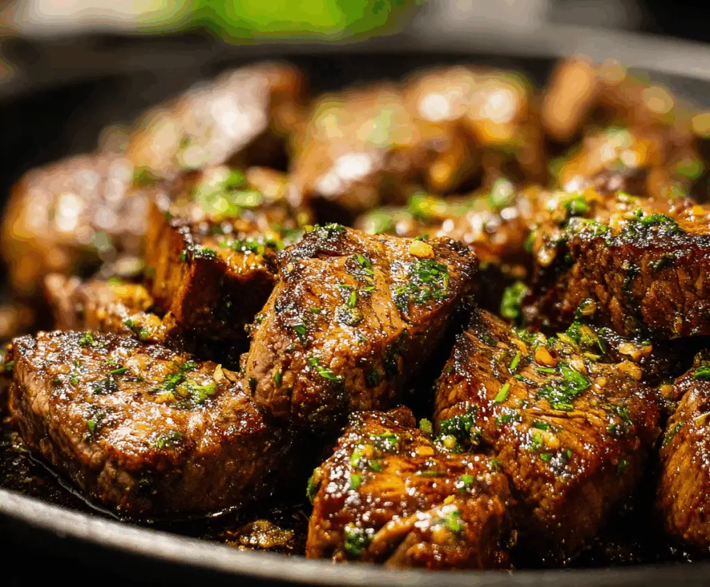 Juicy garlic butter steak cooked to perfection served on a plate.