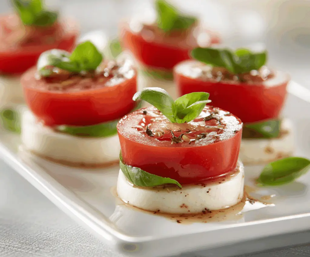 Mini Caprese Bites featuring cherry tomatoes, fresh mozzarella, basil leaves, and balsamic glaze as a savory appetizer.