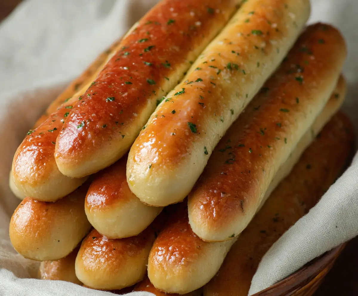Crusty and golden Olive Garden breadsticks served with dipping sauce on a rustic wooden table.