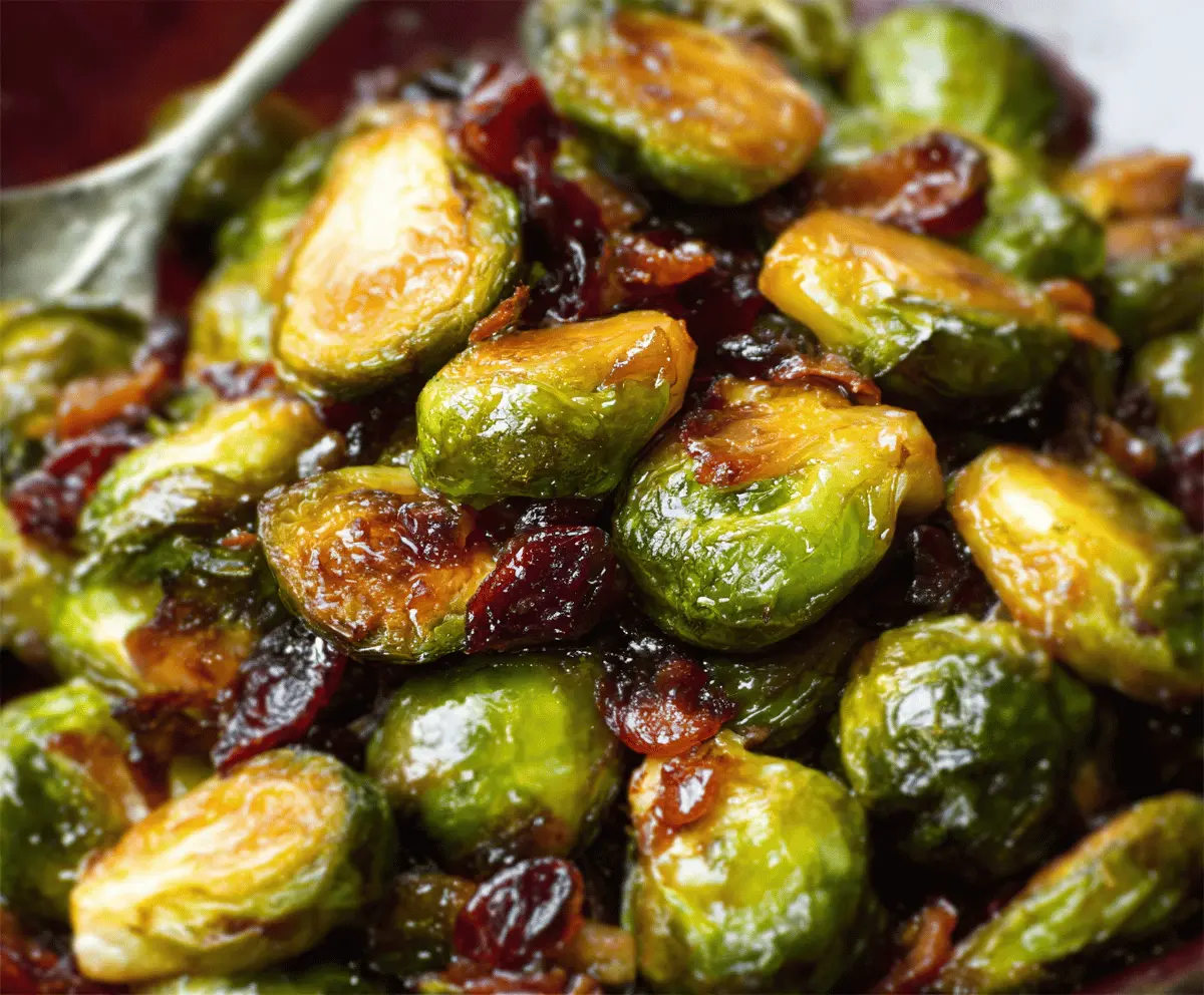Delicious Orange Maple Glazed Brussels Sprouts topped with fresh cranberries, perfect for a holiday side dish.