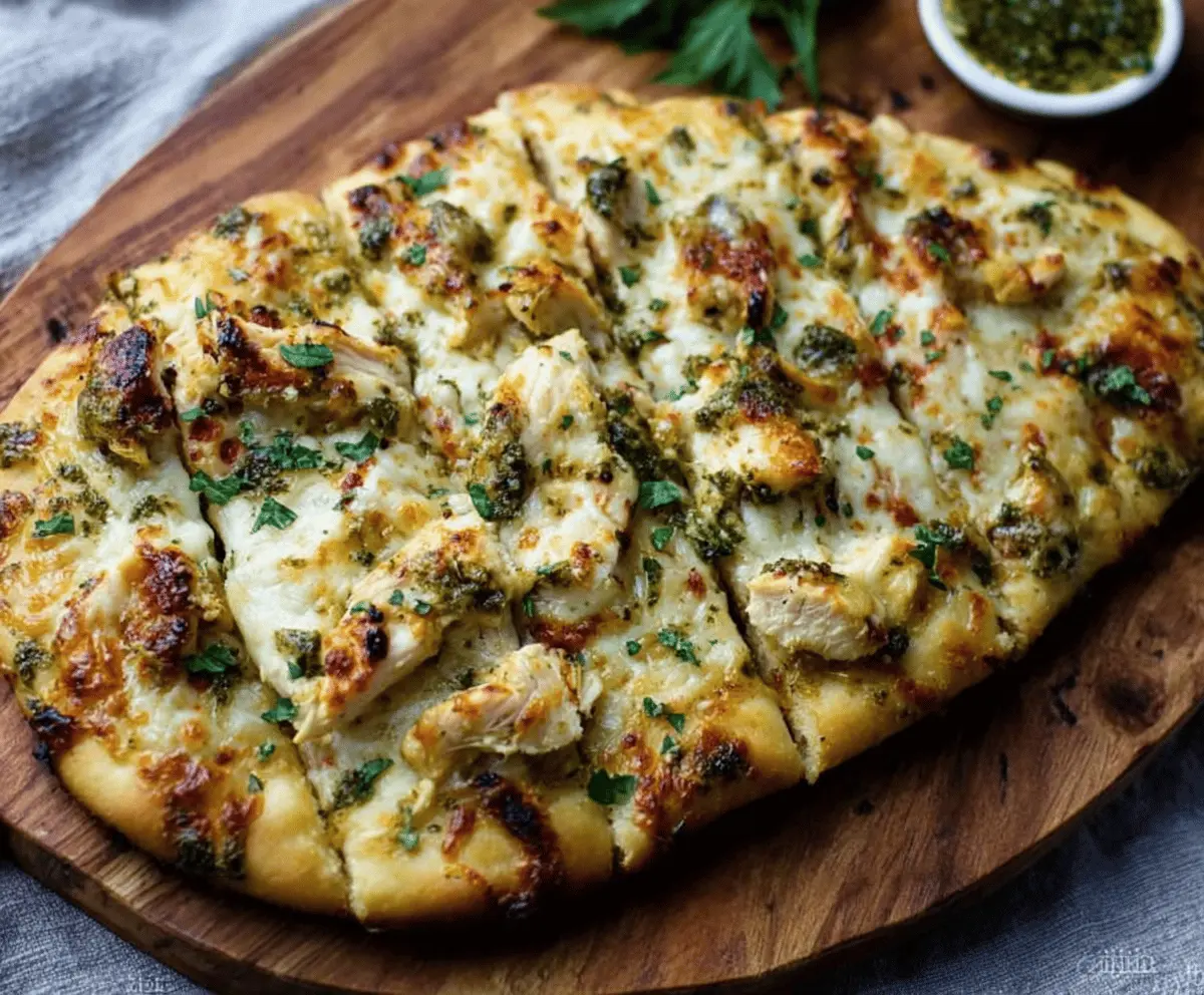 Delicious Pesto Chicken Flatbread topped with fresh herbs and melted cheese, perfect for a quick and savory meal.