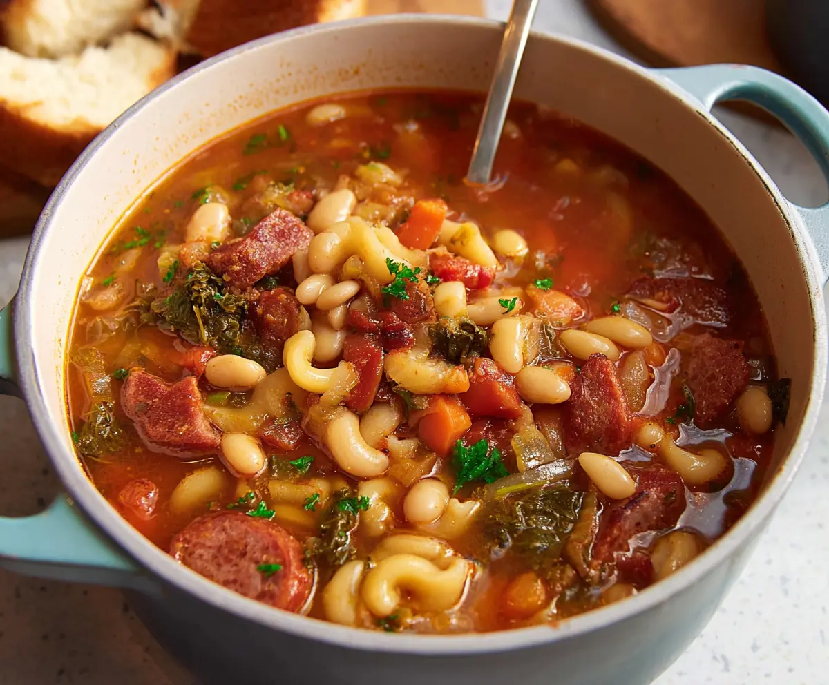 A steaming bowl of Portuguese Bean Soup with beans, vegetables, and herbs, served in a rustic bowl.
