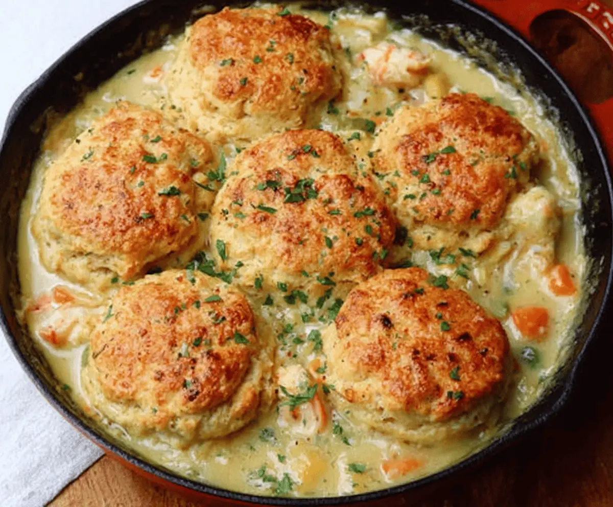 Delicious Red Lobster-inspired biscuit chicken pot pie served hot in a rustic dish.