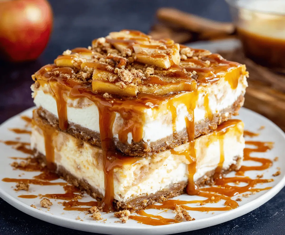 Delicious Salted Caramel Apple Pie Cheesecake with a golden crust and caramel drizzle