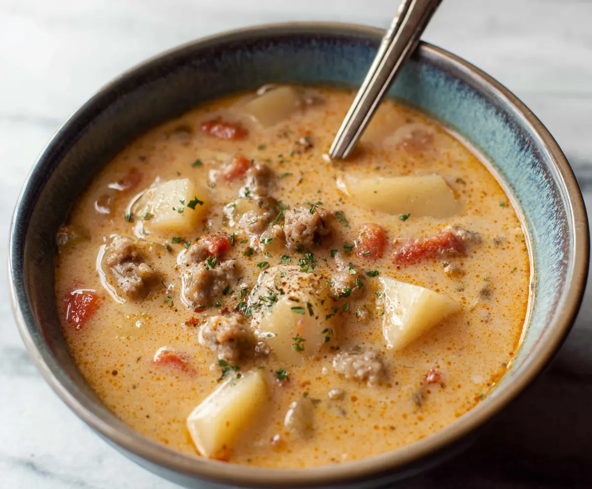 Homemade sausage potato soup in a bowl with fresh herbs and melted cheese on top.