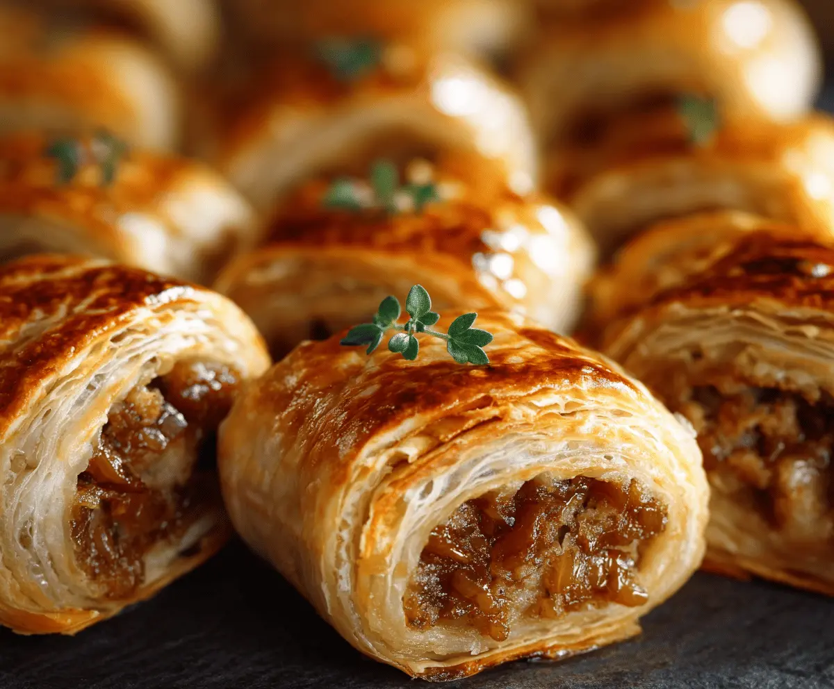 Delicious savory French onion sausage rolls with golden crust and flavorful filling for appetizers or snacks.