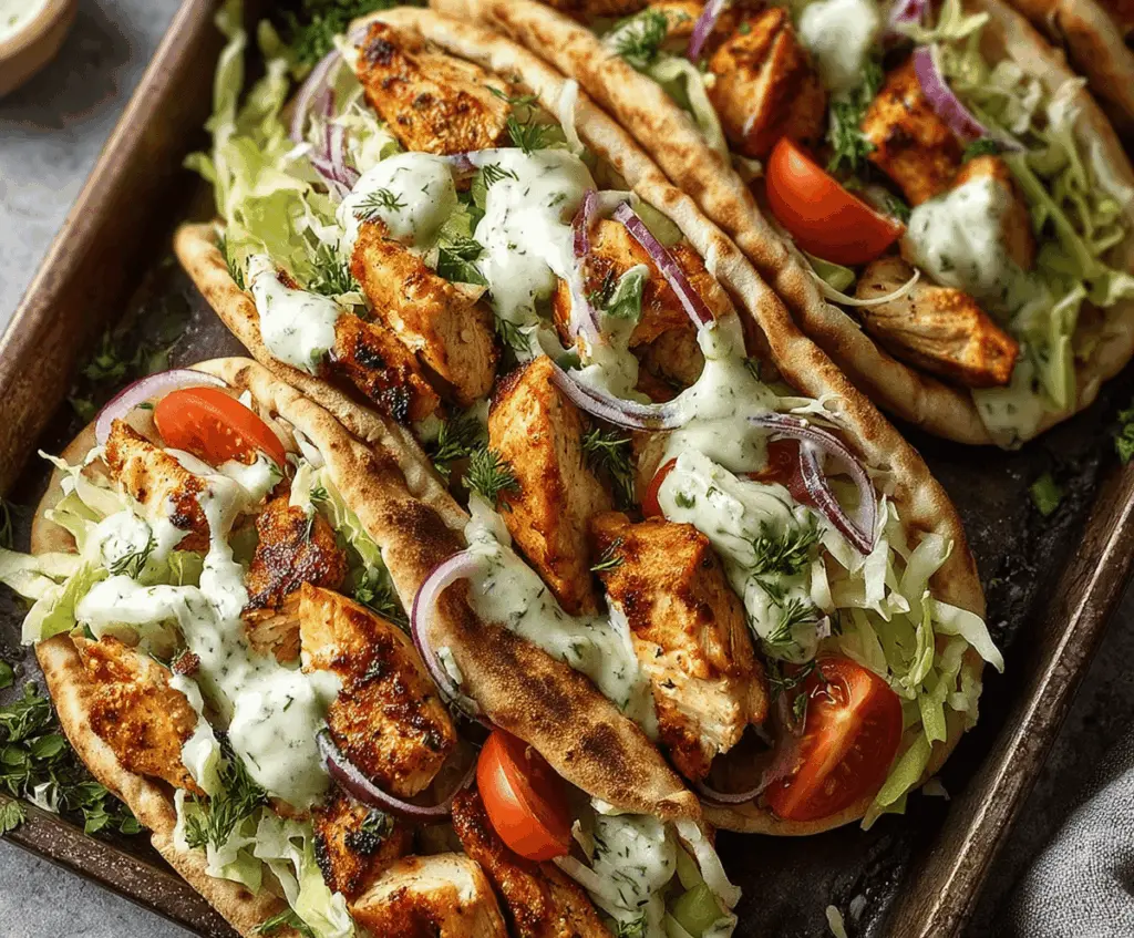 Delicious sheet pan chicken pitas filled with juicy chicken strips, fresh herbs, and creamy ranch dressing for a quick meal.