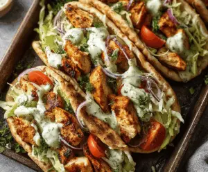 Delicious sheet pan chicken pitas filled with juicy chicken strips, fresh herbs, and creamy ranch dressing for a quick meal.