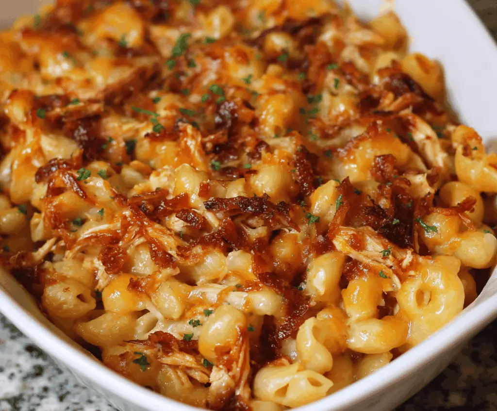 Creamy shredded BBQ chicken mac and cheese served in a bowl, topped with cheese and herbs.