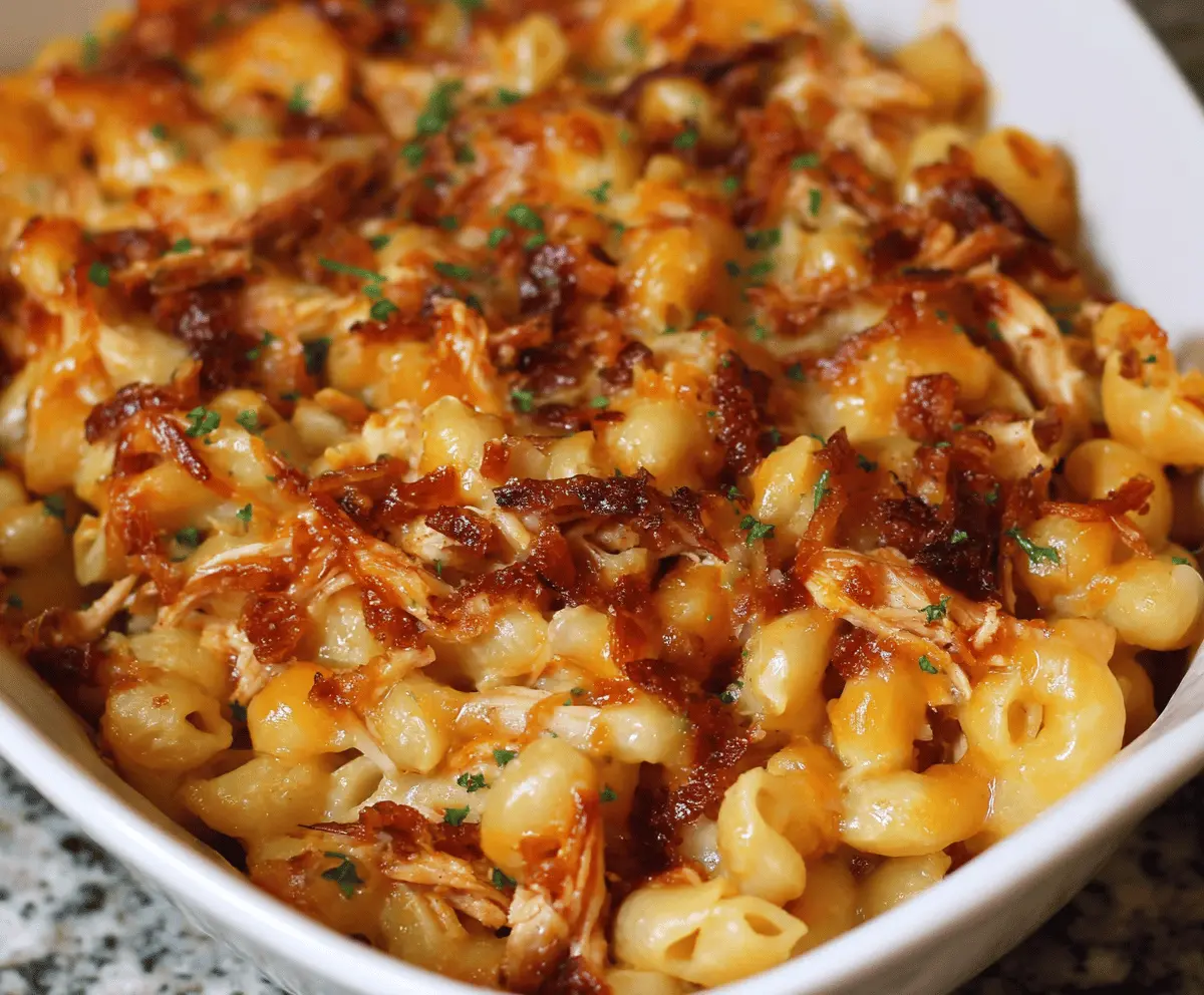 Creamy shredded BBQ chicken mac and cheese served in a bowl, topped with cheese and herbs.