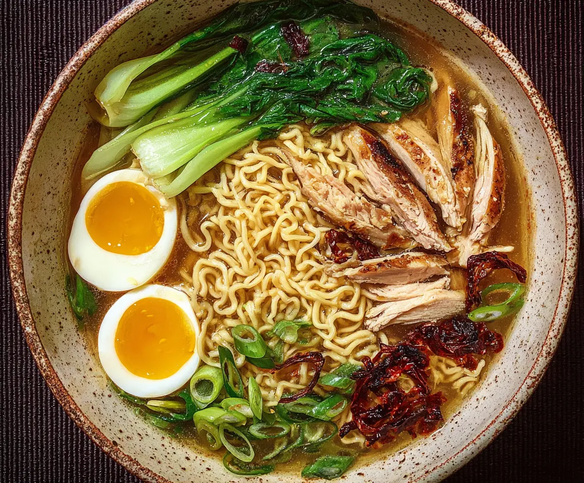 Delicious bowl of simple chicken ramen with tender chicken slices, soft noodles, and fresh vegetables.