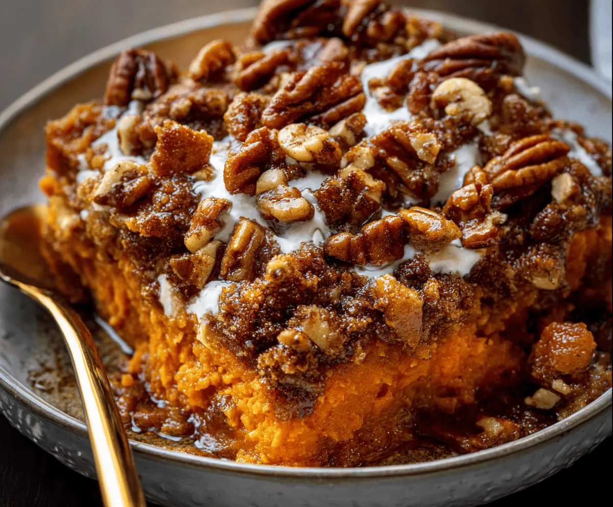 Creamy Southern Maple Sweet Potato Casserole topped with marshmallows and pecans, perfect for holiday dinners.