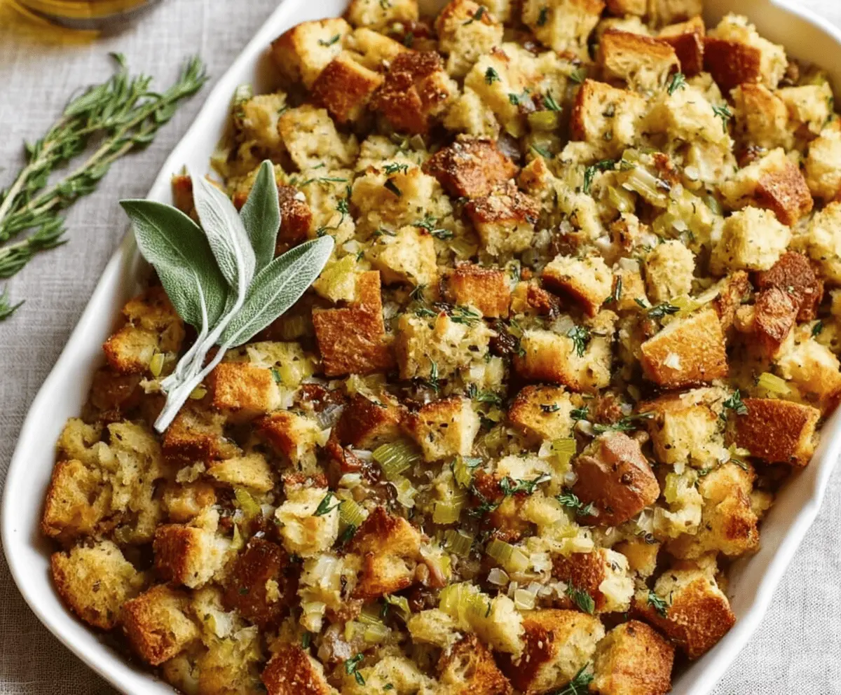 Delicious homemade stuffing recipe perfect for Thanksgiving celebration.