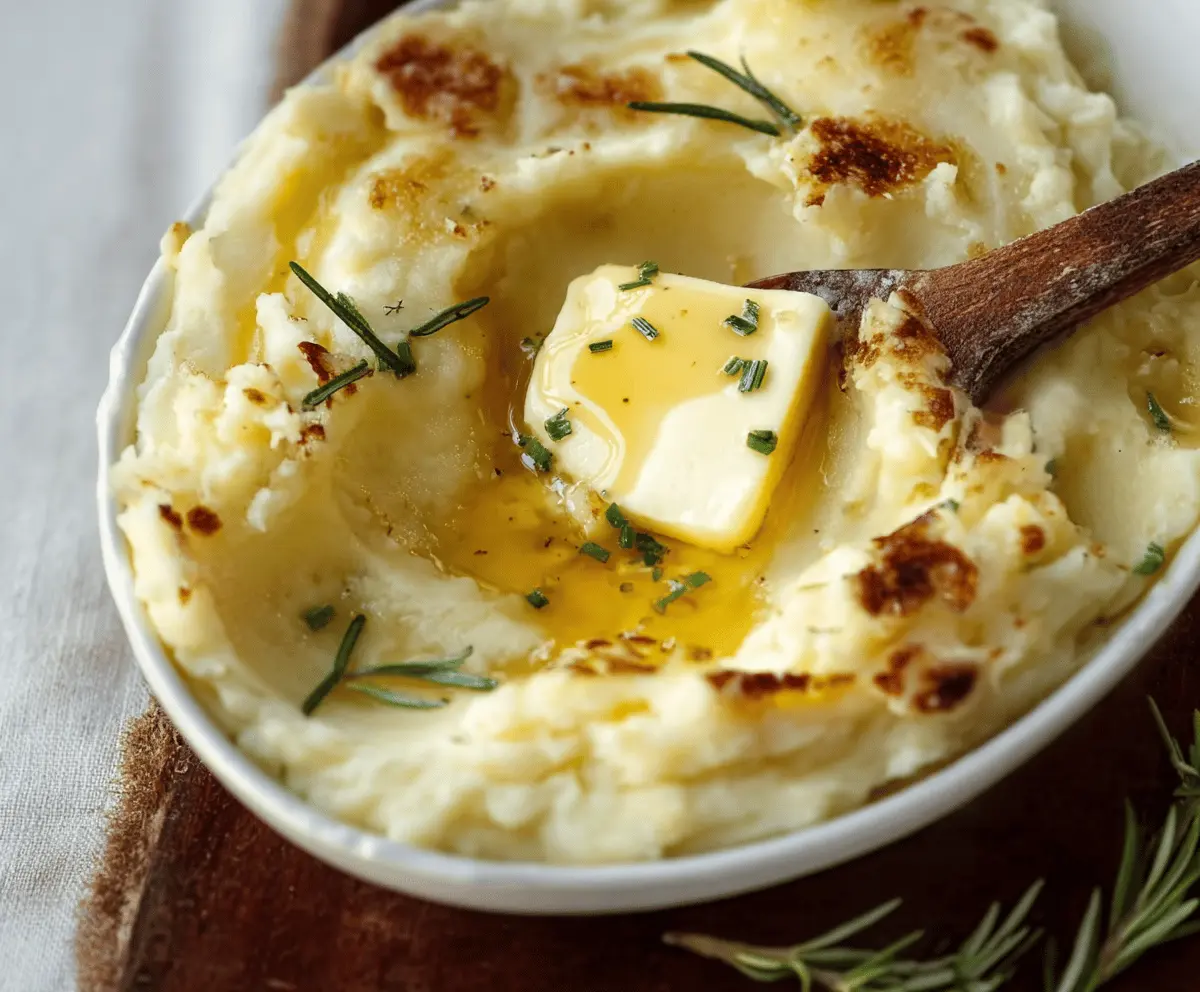 Creamy baked mashed potatoes topped with herbs and butter, served hot on a serving dish.