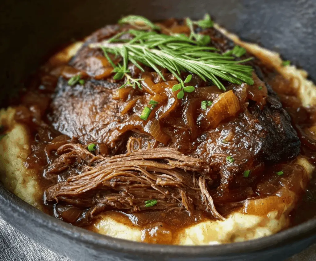 Delicious French onion pot roast with caramelized onions and tender beef in a rustic cooking pot.