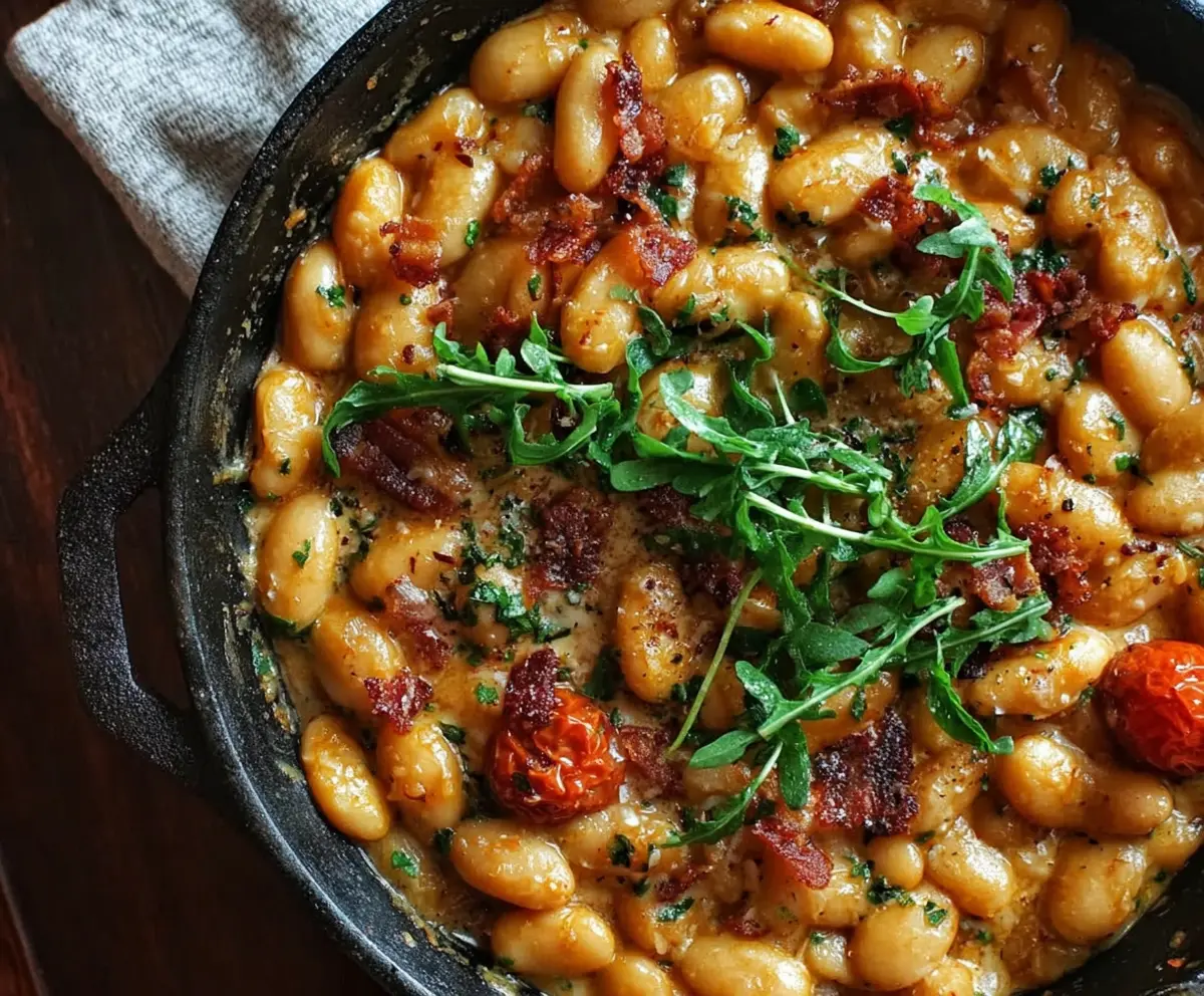 Creamy Tuscan Marry Me Butter Beans served in a rustic bowl, garnished with fresh herbs.